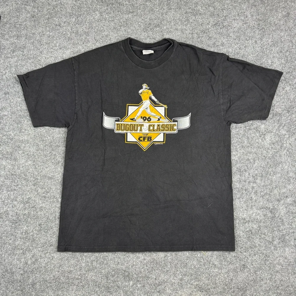 Hanes T-shirt Mens Size XL Black 1996 Dugout Classic Graphic Cotton Vintage Tee